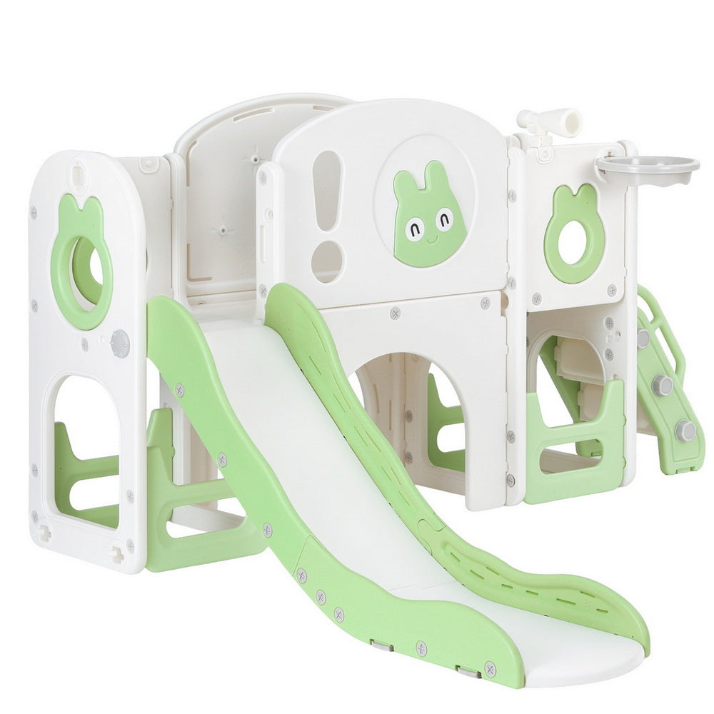 Kids Slide Swing Set Ball Hoop Rings Football Outdoor Toys Green with Outdoor Play Equipment