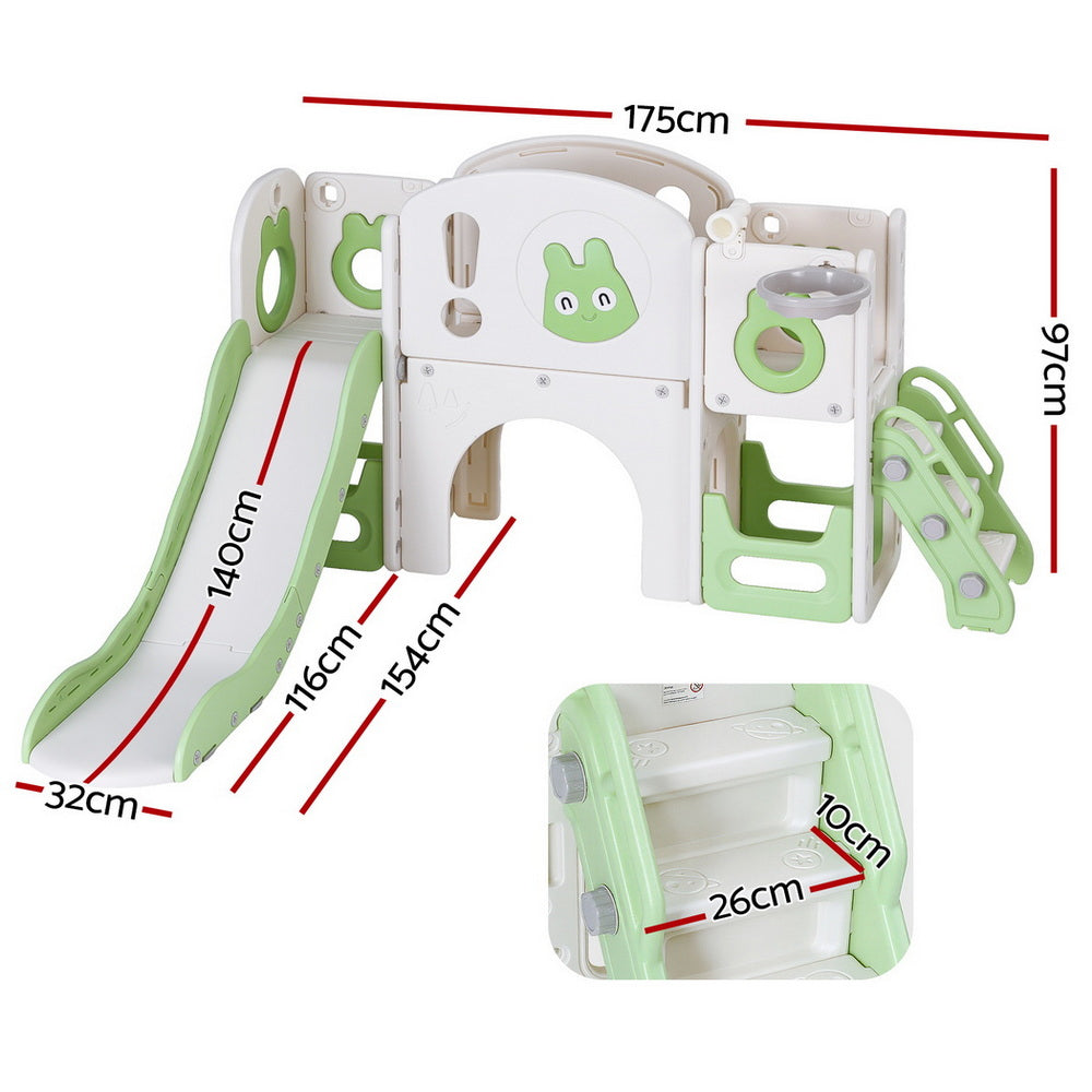 Kids Slide Swing Set Ball Hoop Rings Football Outdoor Toys Green with Green colour