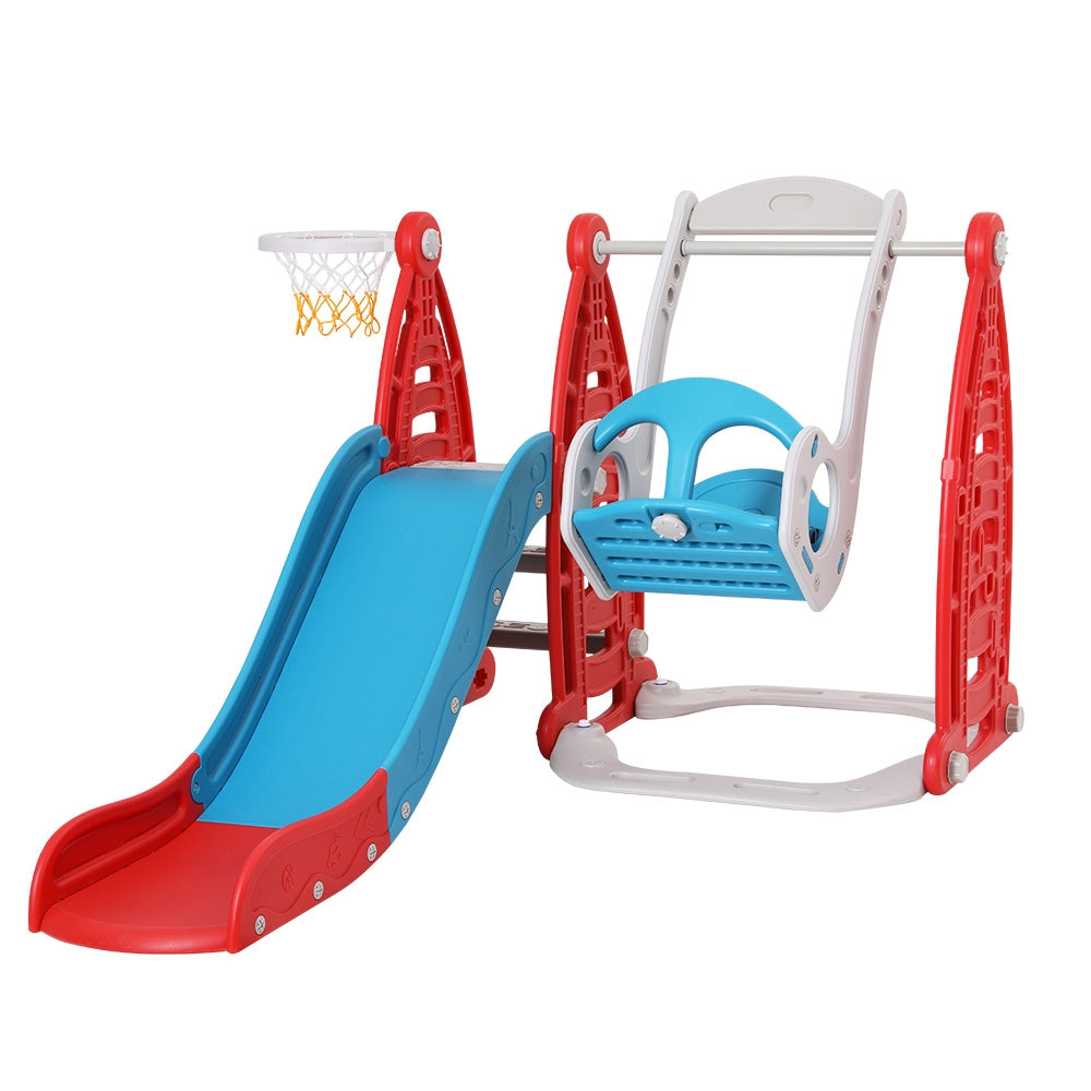 Kids Slide Swing Set Basketball Hoop Rings Football Outdoor Toys 140cm Red