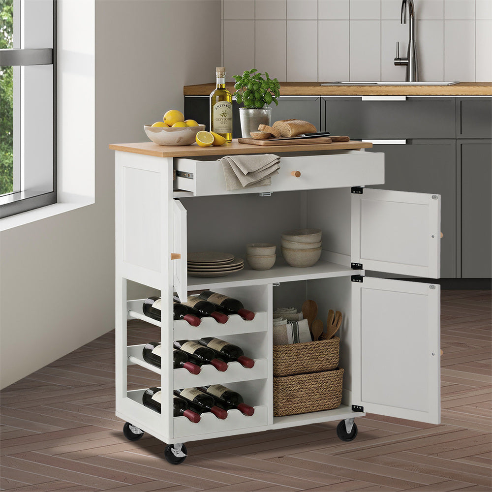 Kitchen Trolley Rolling Serving Cart With Drawer And Wine Rack Storage Cabinet