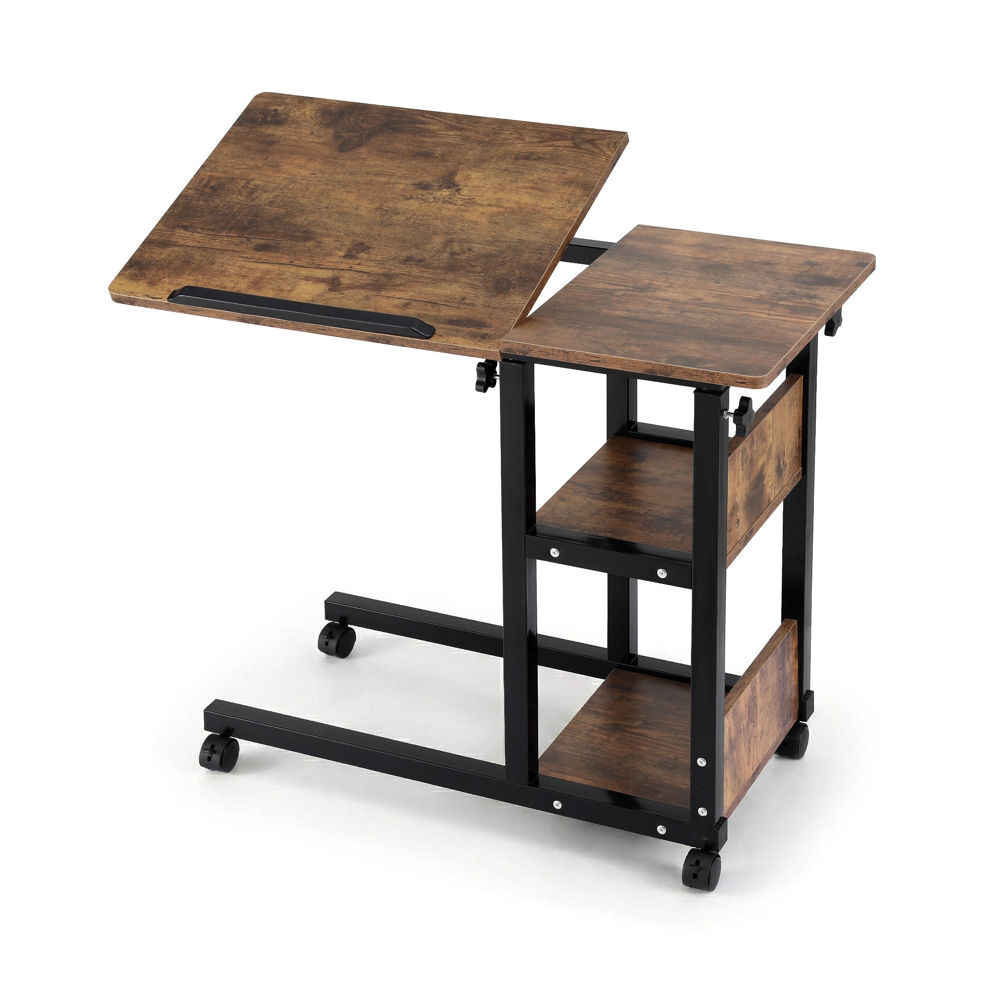 3-Tier Adjustable Laptop Desk Tiltable Mobile Side Table with Wheels