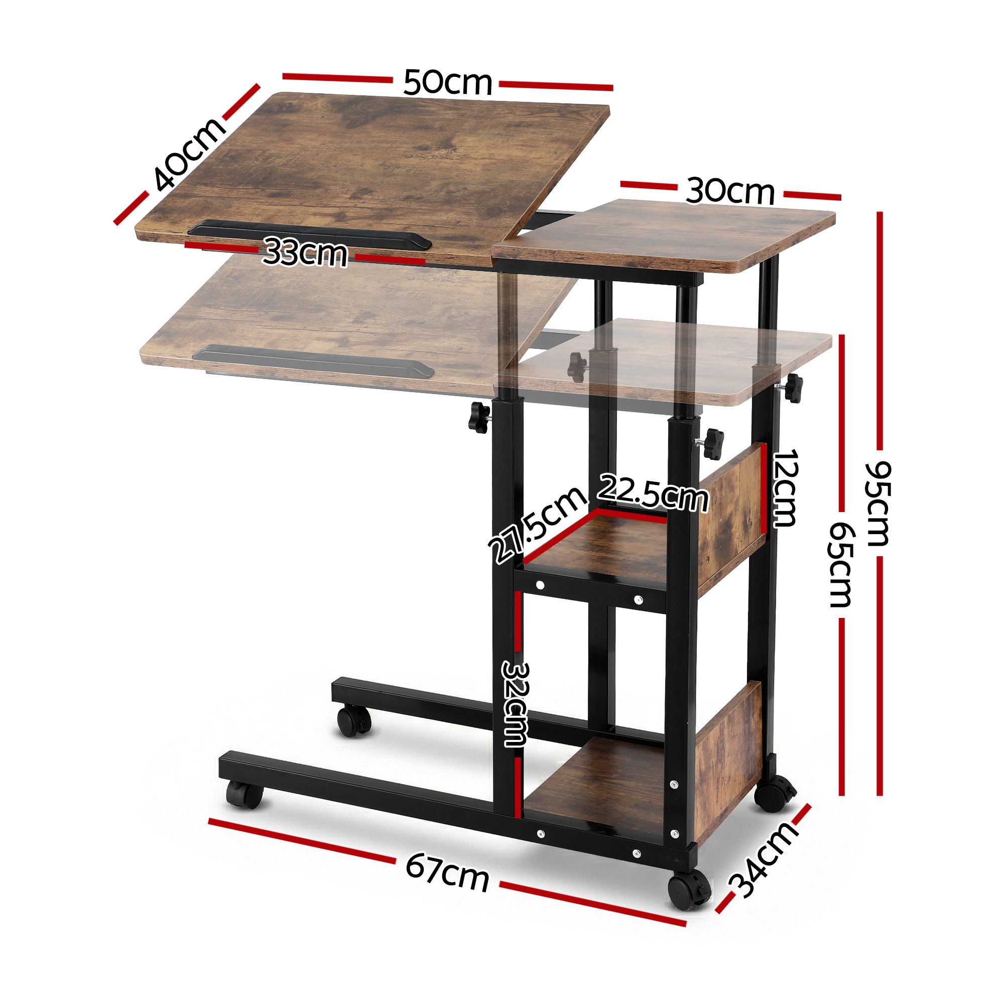 3-Tier Adjustable Laptop Desk Tiltable Mobile Side Table with Wheels