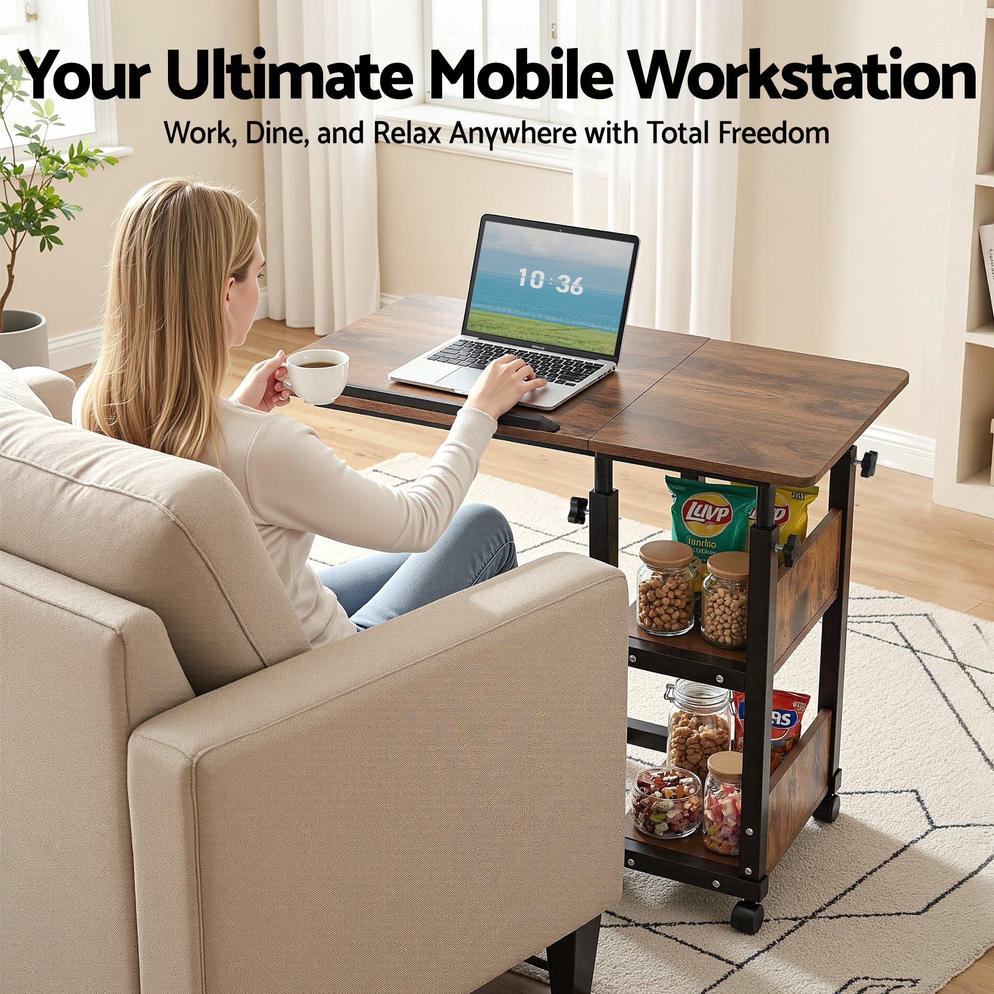 3-Tier Adjustable Laptop Desk Tiltable Mobile Side Table with Wheels