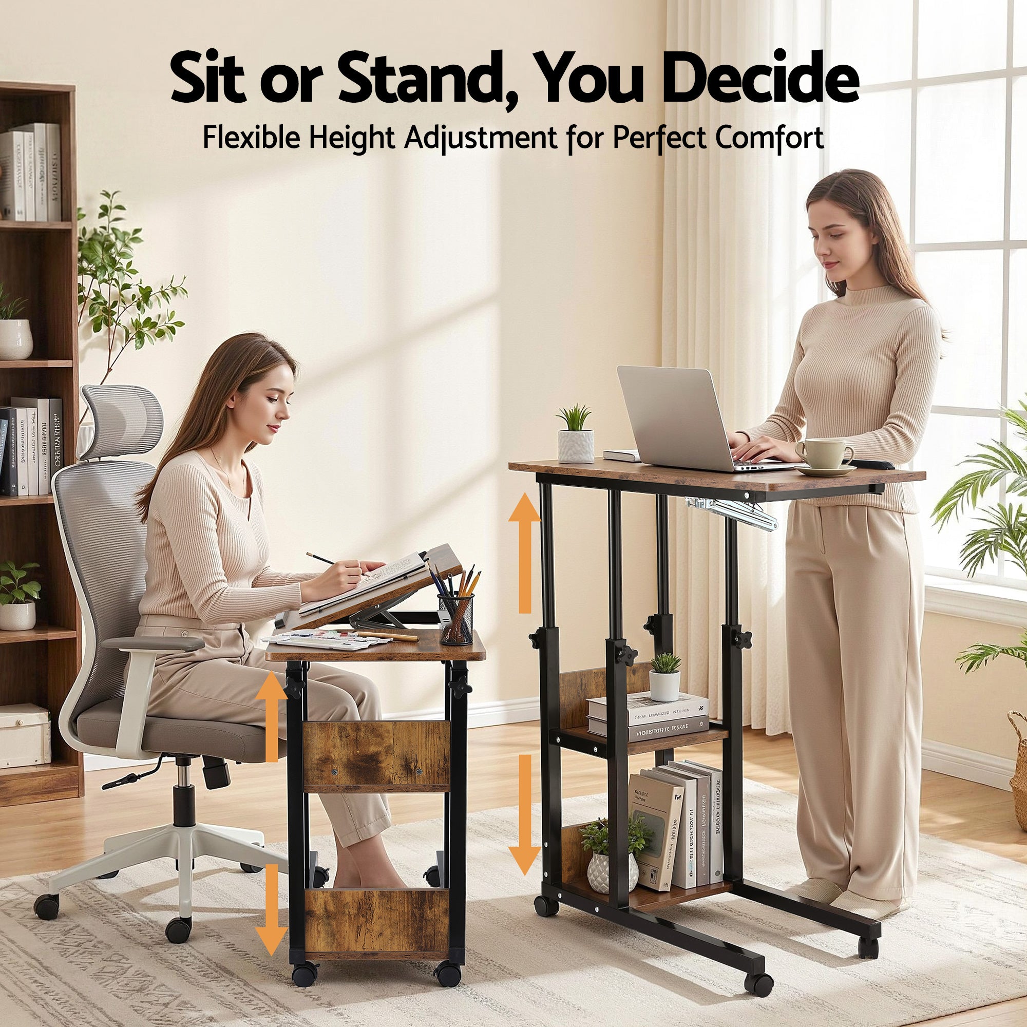 3-Tier Adjustable Laptop Desk Tiltable Mobile Side Table with Wheels