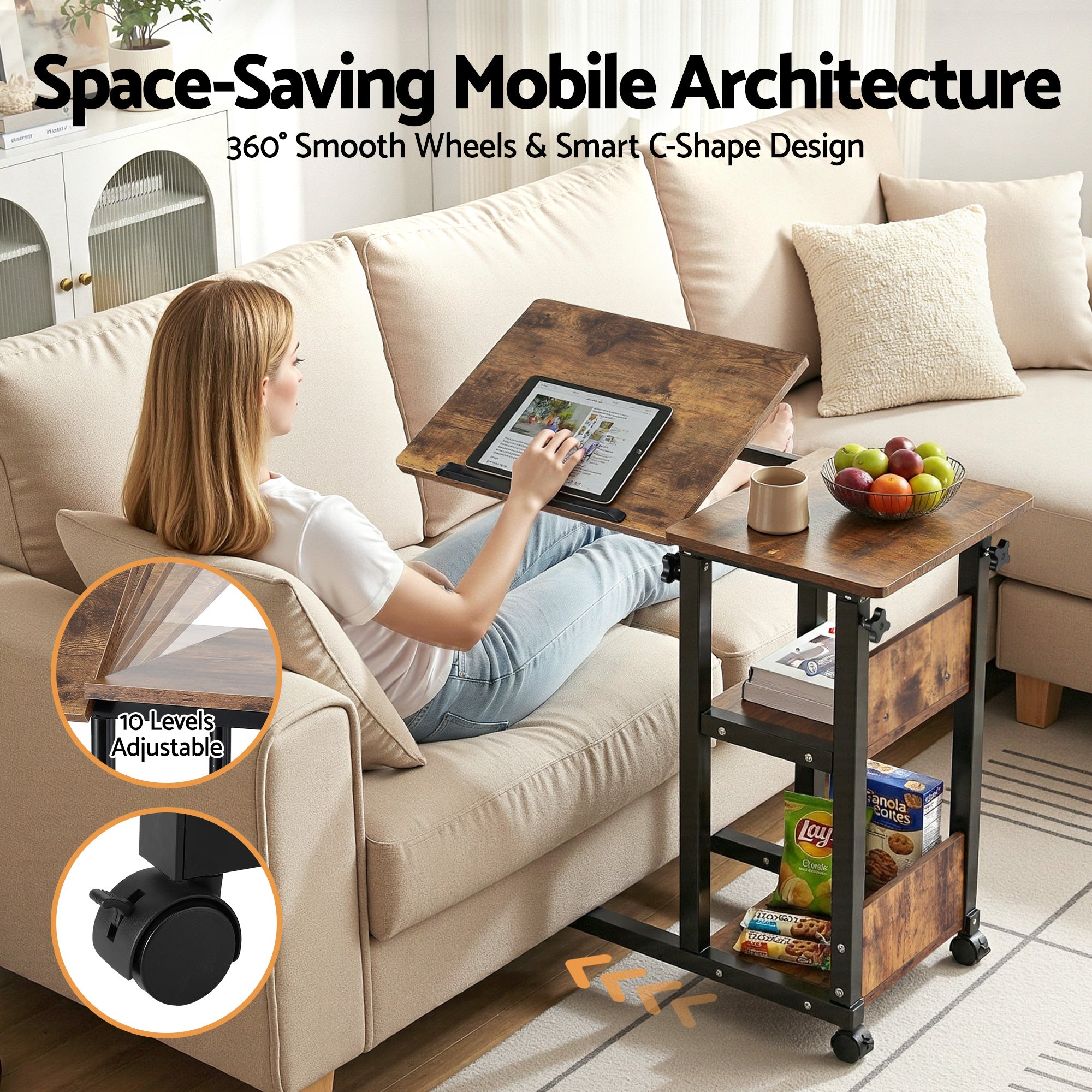 3-Tier Adjustable Laptop Desk Tiltable Mobile Side Table with Wheels