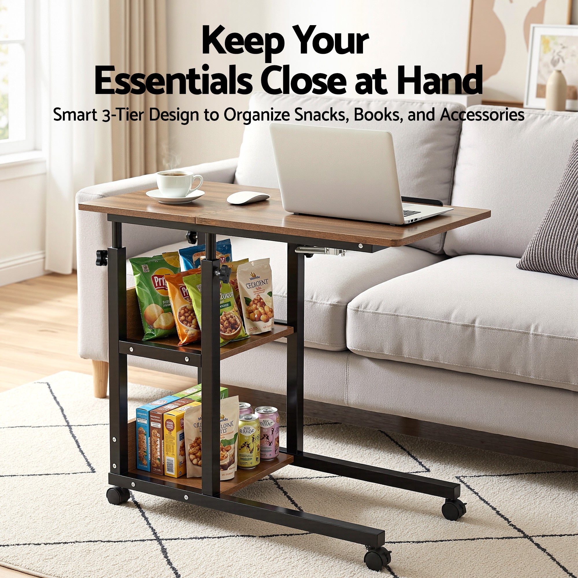 3-Tier Adjustable Laptop Desk Tiltable Mobile Side Table with Wheels
