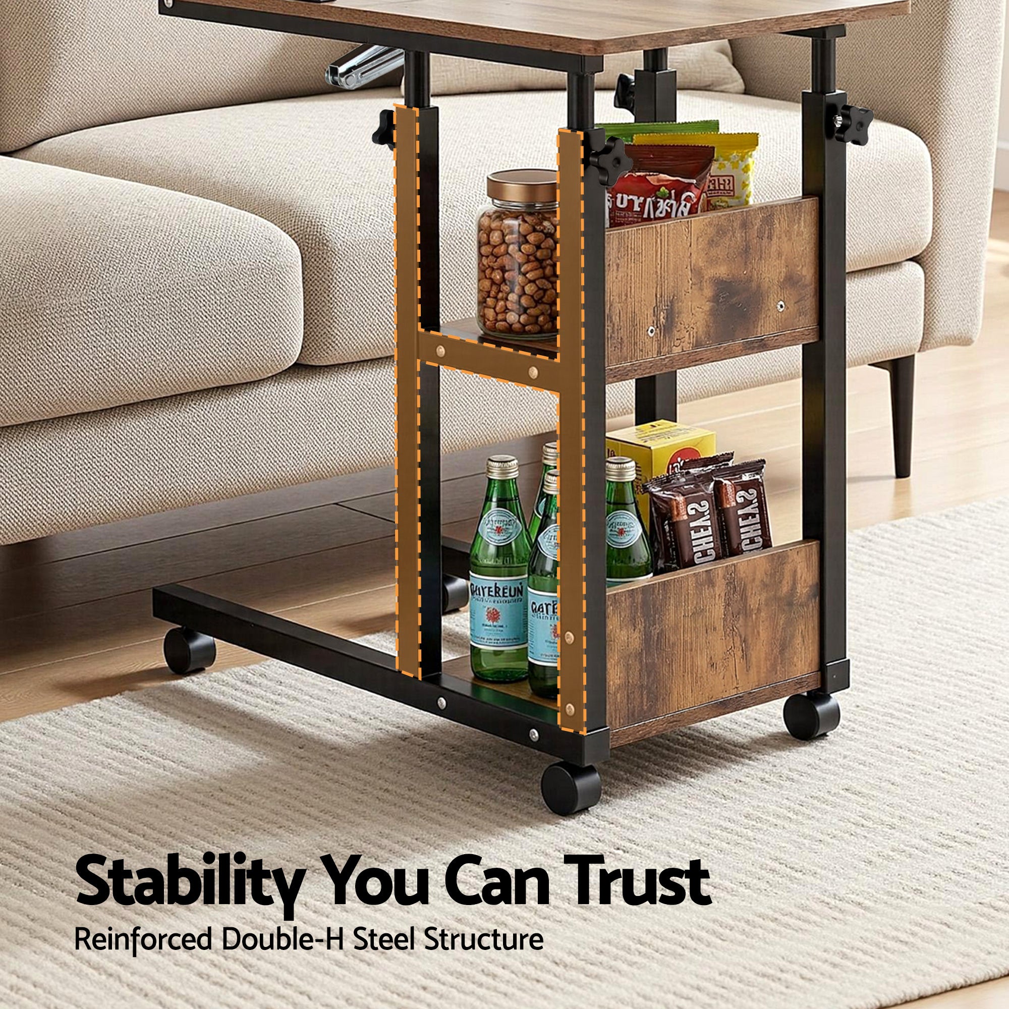 3-Tier Adjustable Laptop Desk Tiltable Mobile Side Table with Wheels