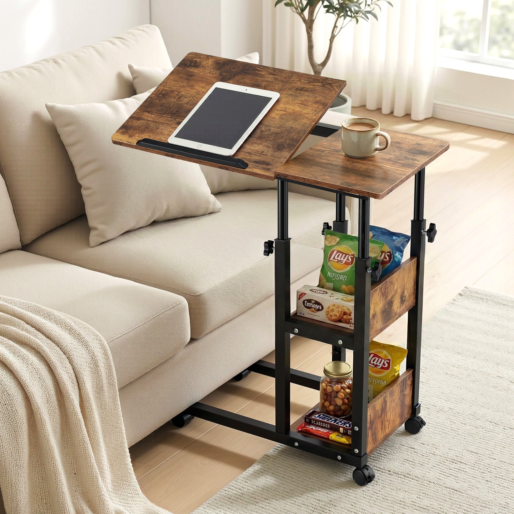 3-Tier Adjustable Laptop Desk Tiltable Mobile Side Table with Wheels