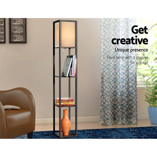 Floor Lamp 3 Tier Shelf Shelf Storage Led Light Stand Home Room Vintage Black - Artiss Wood Standing Reading
