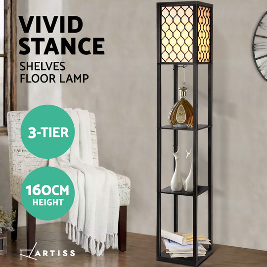 Floor Lamp 3 Tier Shelf Storage Led Light Stand Home Room Pattern Black - Artiss Shelves Vintage Wood