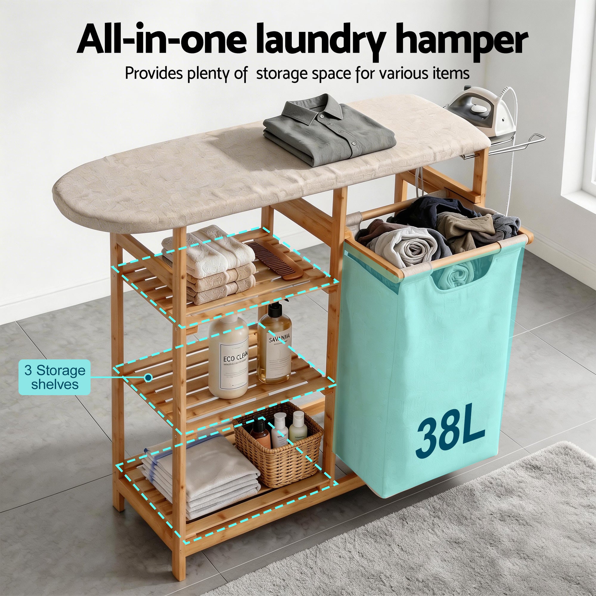 Artiss Bamboo Laundry Hamper Ironing Board | Simpledeals