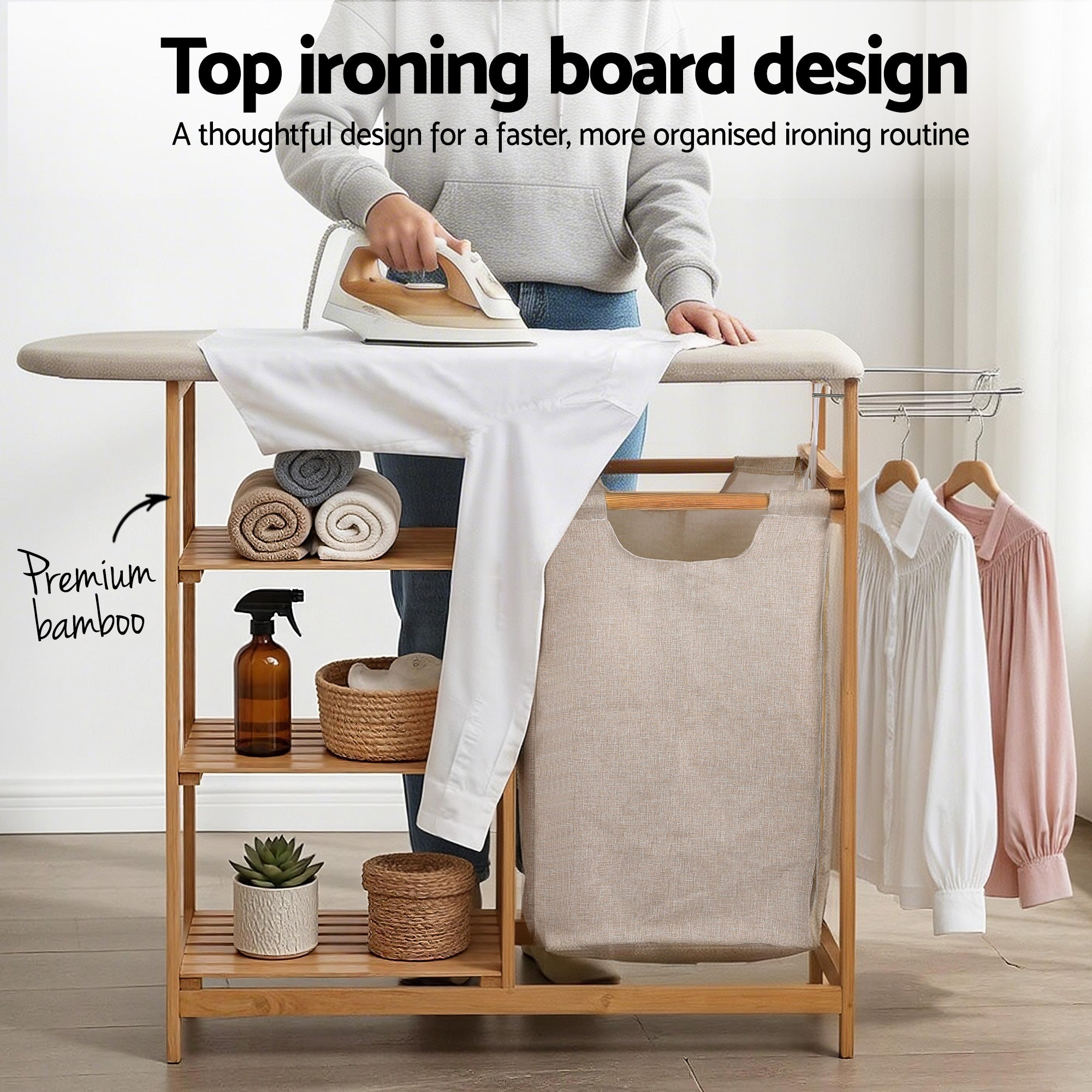 Artiss Bamboo Laundry Hamper Ironing Board | Simpledeals