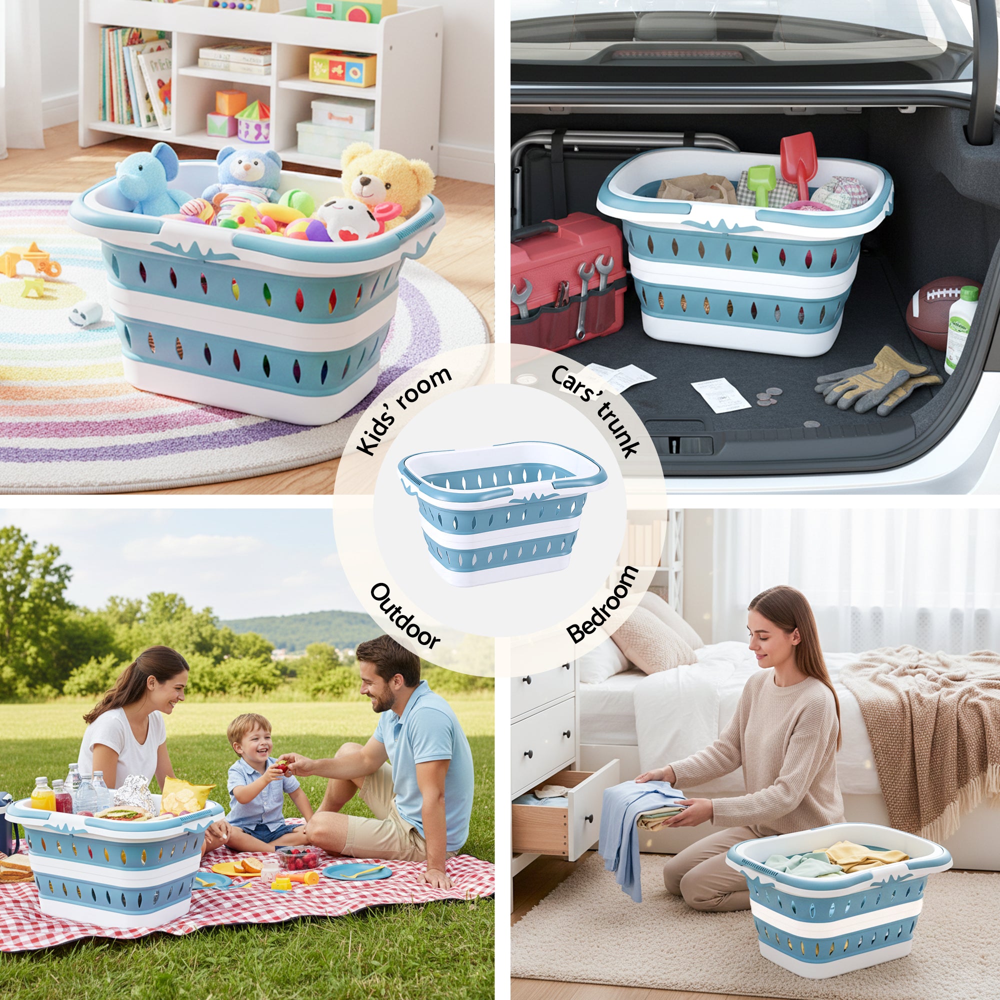 Large Foldable Laundry Basket Hamper Blue Clothes Storage Organiser