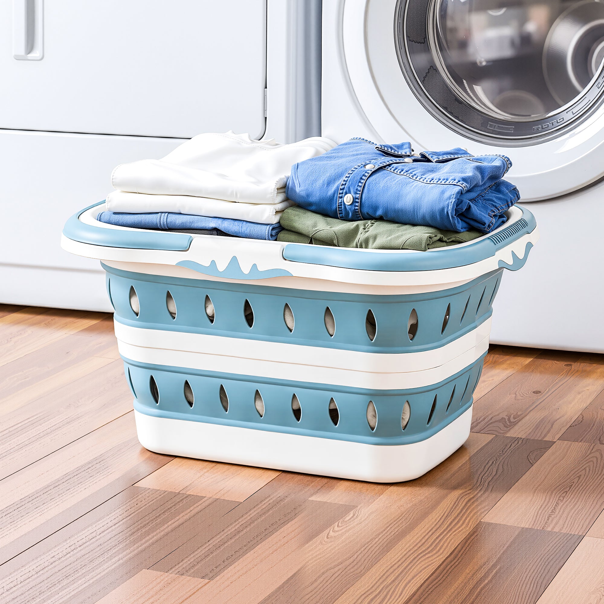 Large Foldable Laundry Basket Hamper Blue Clothes Storage Organiser