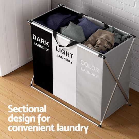 Laundry Basket Hamper Clothes Storage 3 Sections