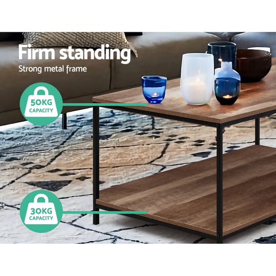 Coffee Table Wooden Rustic Vintage Storage Shelf Metal Frame Black | Artiss