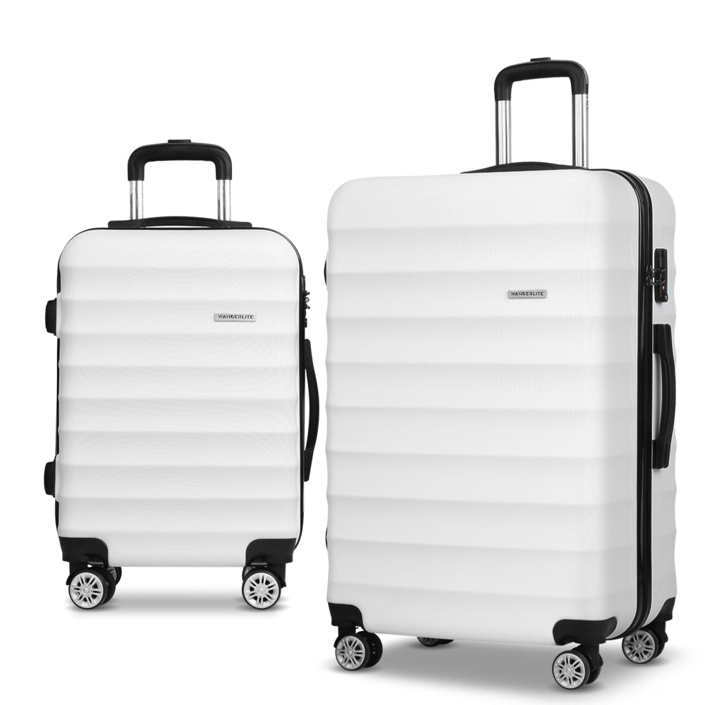 2PC White TSA Travel Luggage Set Hard Shell Suitcases with Security Strap