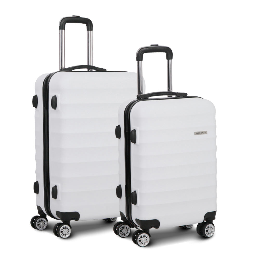 2PC White TSA Travel Luggage Set Hard Shell Suitcases with Security Strap