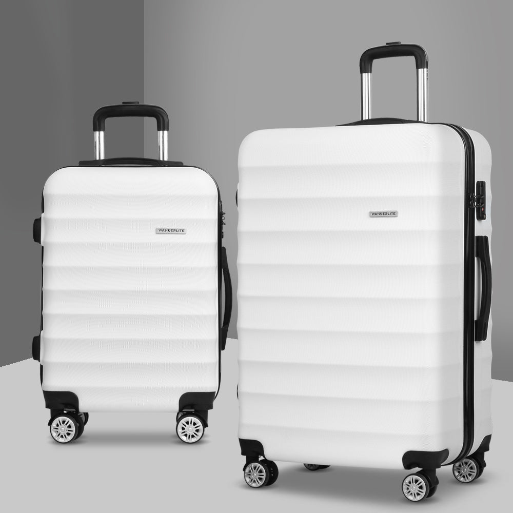 2PC White TSA Travel Luggage Set Hard Shell Suitcases with Security Strap