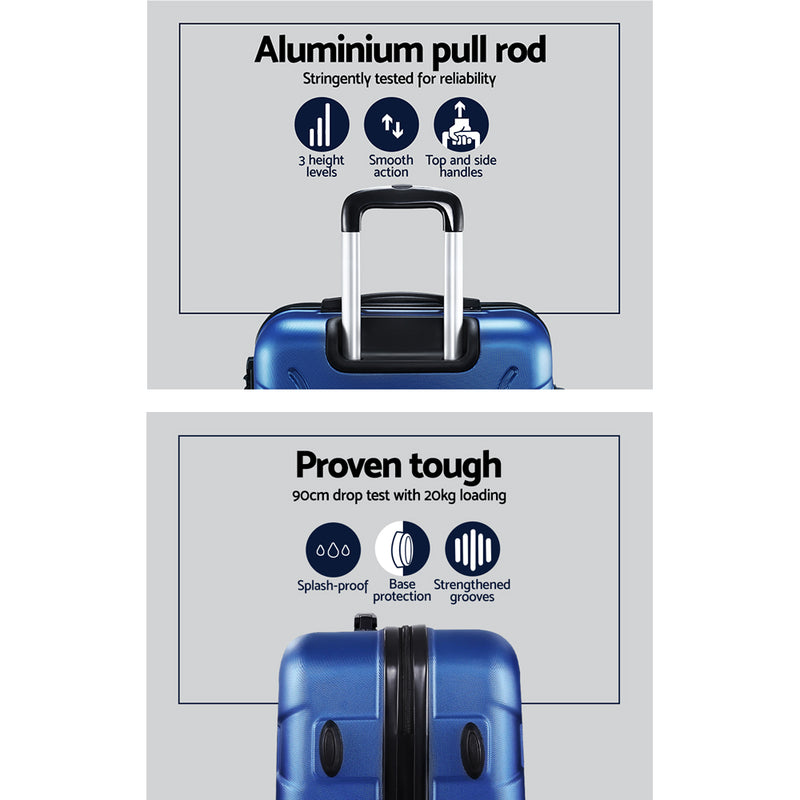 3pc Luggage Trolley Travel Suitcase Set TSA Hard Shell Case Strap Blue - Wanderlite Carry Sets Lightweight