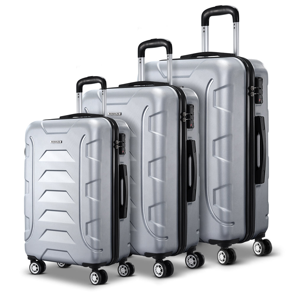 3pc Luggage Trolley Travel Suitcase Set TSA Hard Case Shell Strap Silver