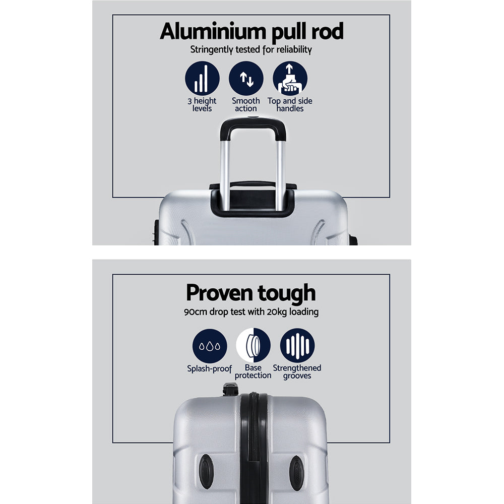 3pc Luggage Trolley Travel Suitcase Set TSA Hard Case Shell Strap Silver