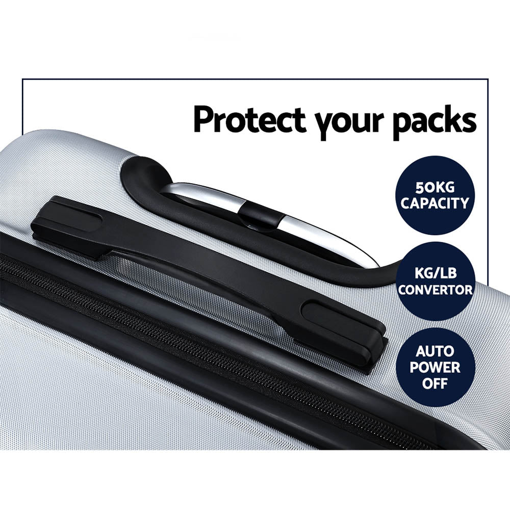 3pc Luggage Trolley Travel Suitcase Set TSA Hard Case Shell Strap Silver