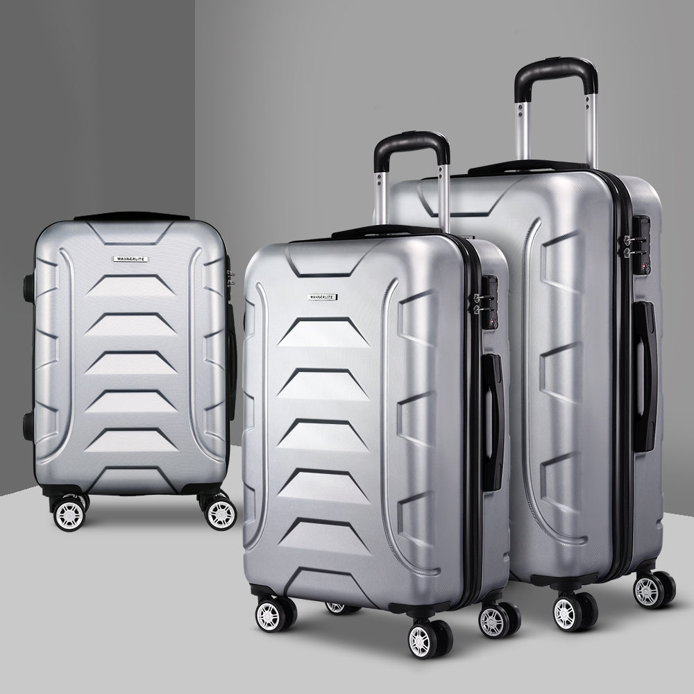 3pc Luggage Trolley Travel Suitcase Set TSA Hard Case Shell Strap Silver