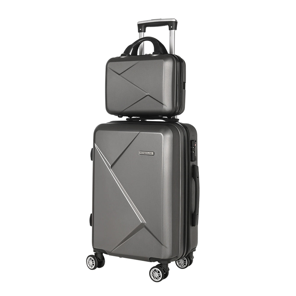 Dark Grey 2 Piece Luggage Set 20" & 12" Hard Shell Suitcase TSA Lock Travel Case
