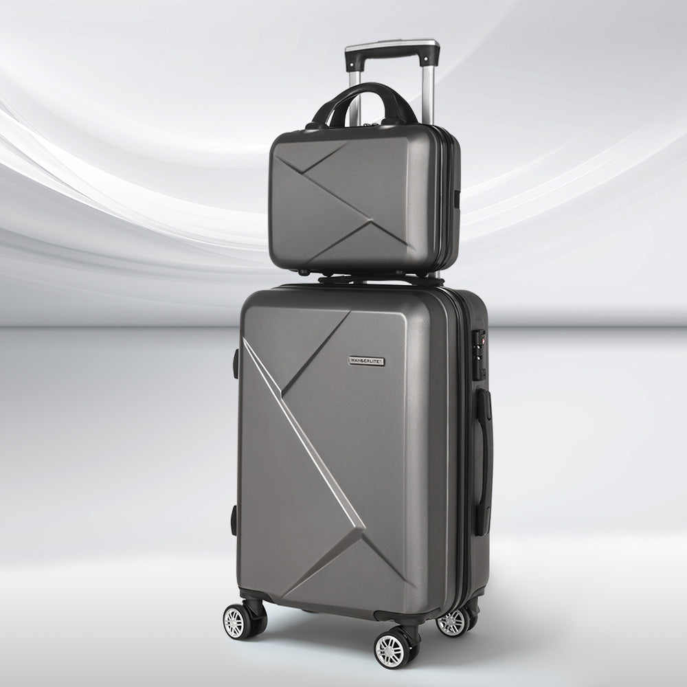 Dark Grey 2 Piece Luggage Set 20" & 12" Hard Shell Suitcase TSA Lock Travel Case