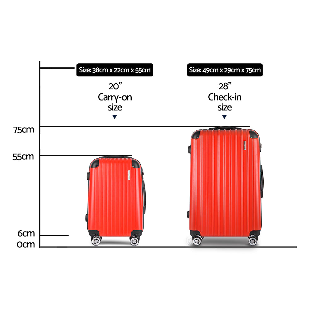 2Pc Red Luggage Trolley Travel Set With Tsa Hard Case