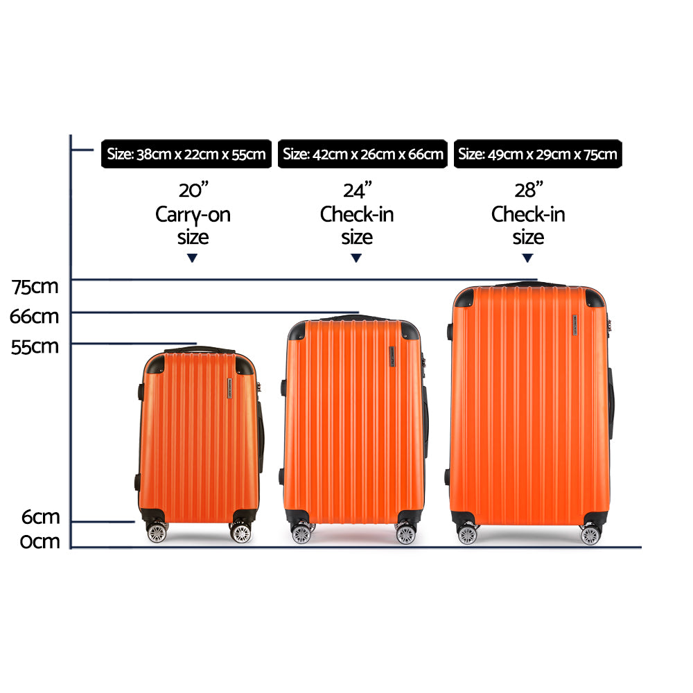 3Pc Orange Luggage Trolley Travel Set With Tsa Lock Hard Case