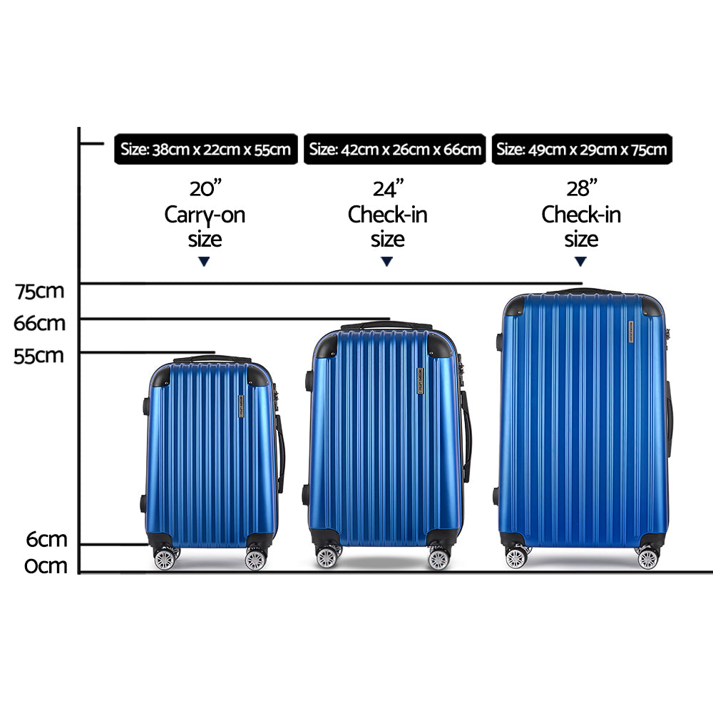 Blue 3Pc Suitcase Hardcase Trolley Travel Set