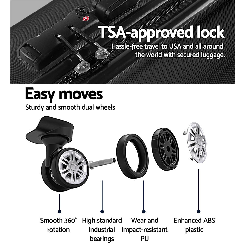 3pc Black TSA Carry-On Luggage Set – Hard Case, Lightweight