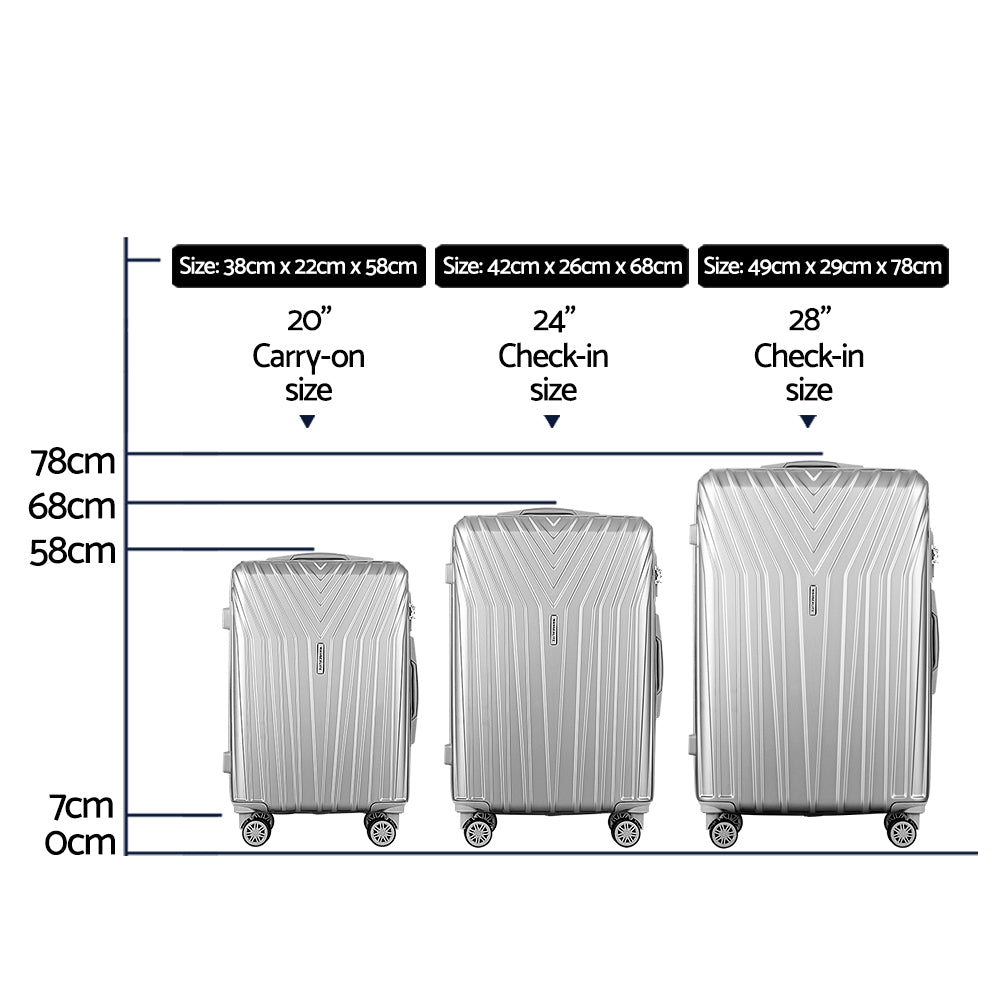 Lightweight 3-Piece Black/Silver Luggage Set - TSA Approved