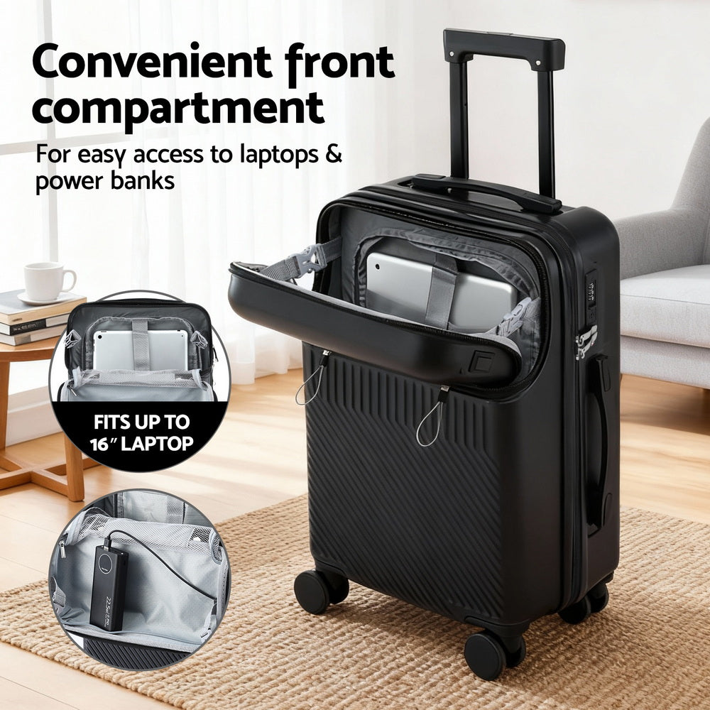 20 Luggage Suitcase Front Pocket Travel Carry On Tsa Black King