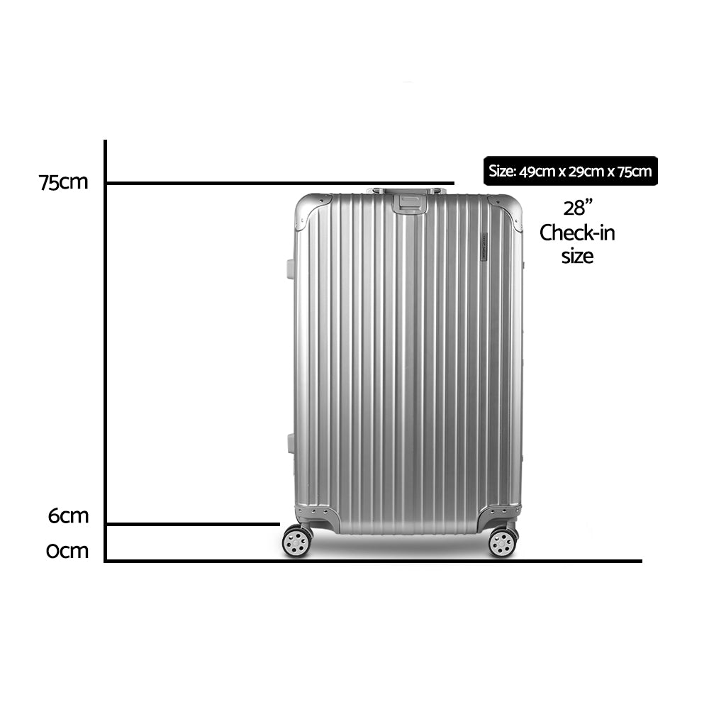 28 Inch Silver Luggage Trolley Travel Suitcase Durable Hard Case