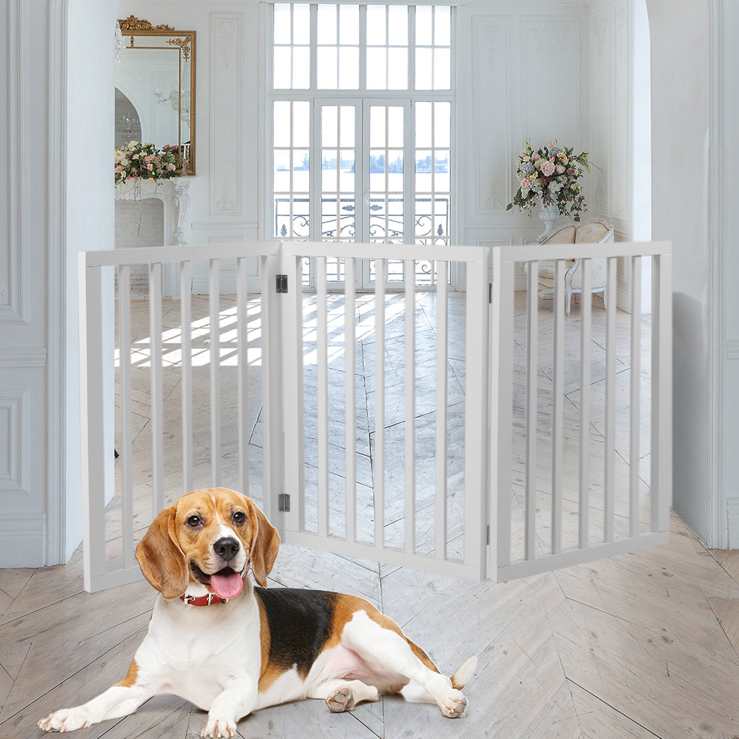 Wooden Pet Gate Dog Fence Foldable Barrier Door 3 Panel White/Grey