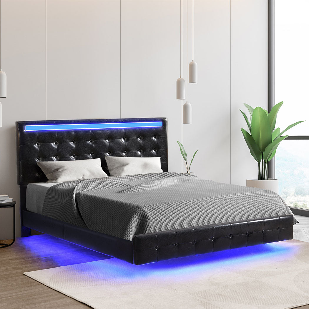 Floating Bed Frame With Headboard And LED Lights Double Mattress Base, Ergonomic