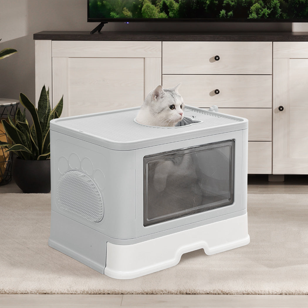 Foldable Cat Litter Box Tray Enclosed Grey