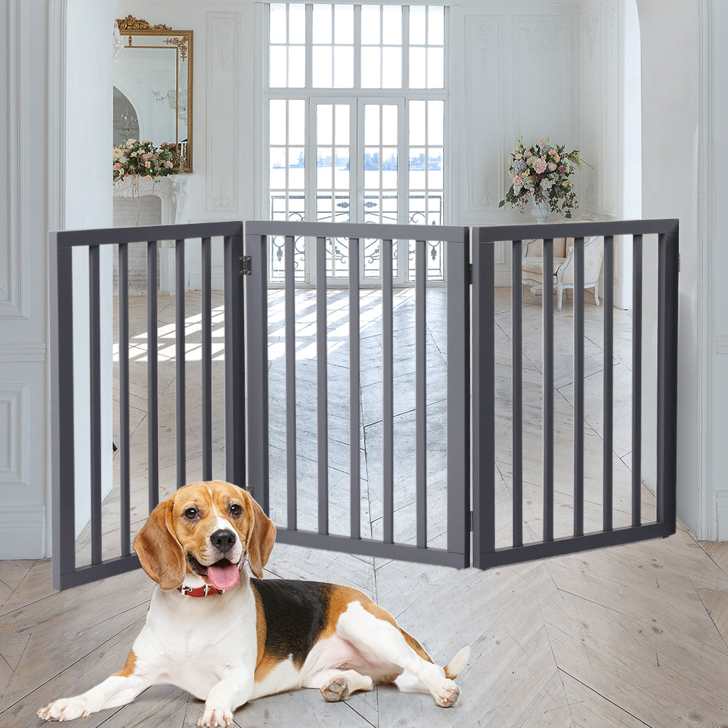 Wooden Pet Gate Dog Fence Foldable Barrier Door 3 Panel White/Grey
