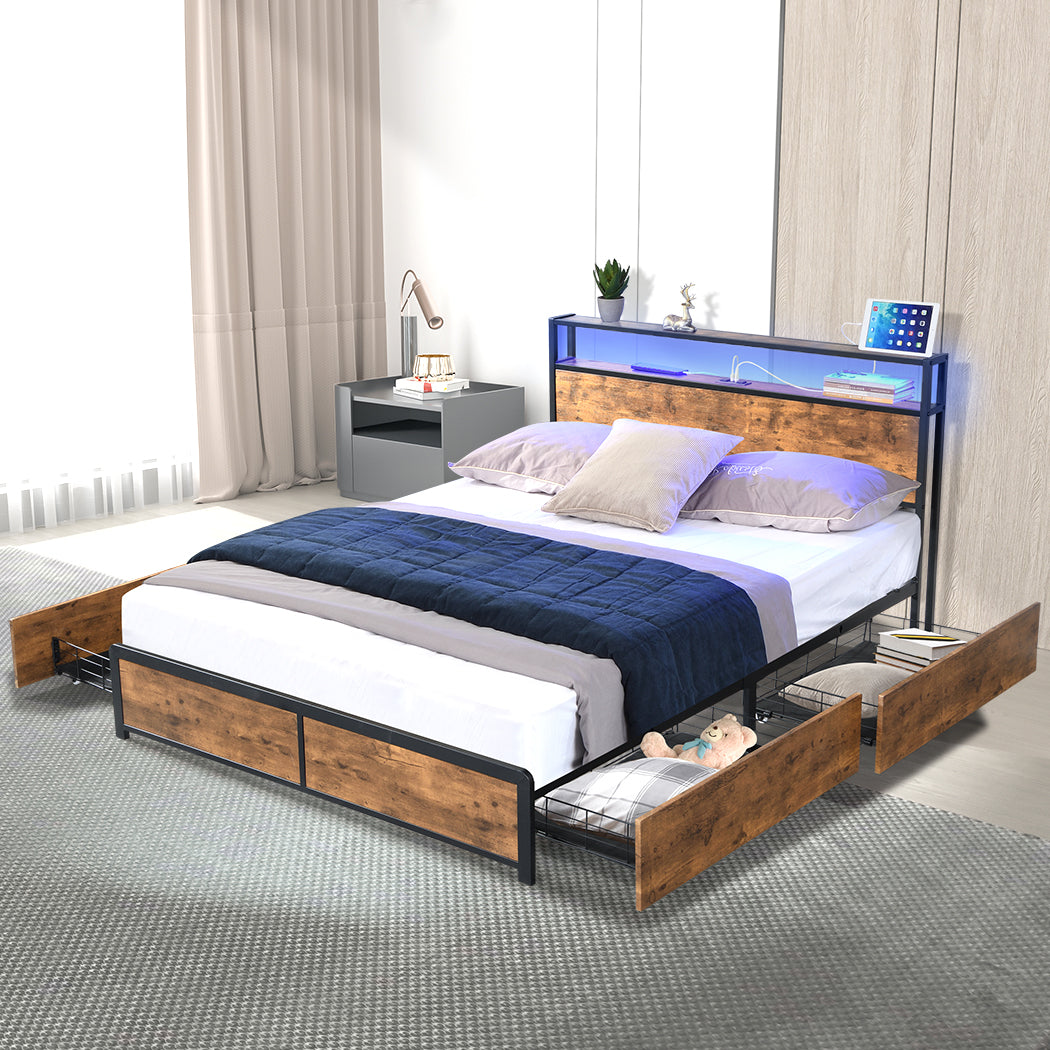 Double Bed Frame With RGB LED And 4 Storage Drawers USB, Compact Premium Quality Build