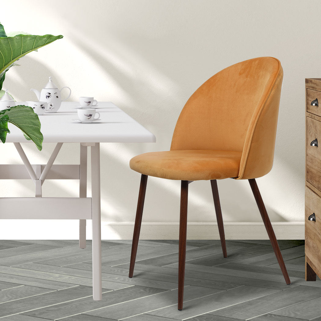 2x Mustard Velvet Dining Chairs Set Modern Upholstered Steel Leg Accent Chairs