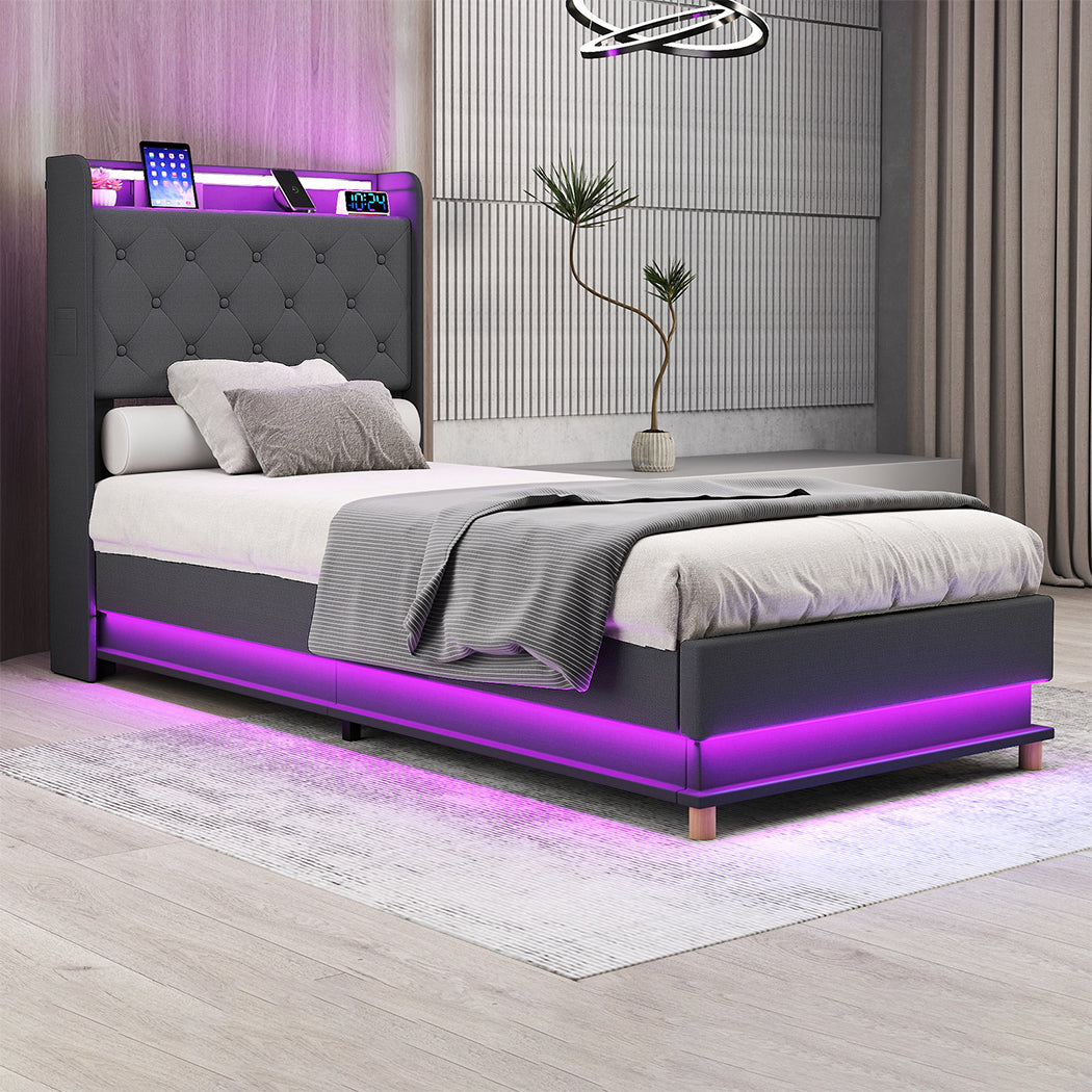 Single Bed Frame With Gas Lift Storage And LED Light USB Charging