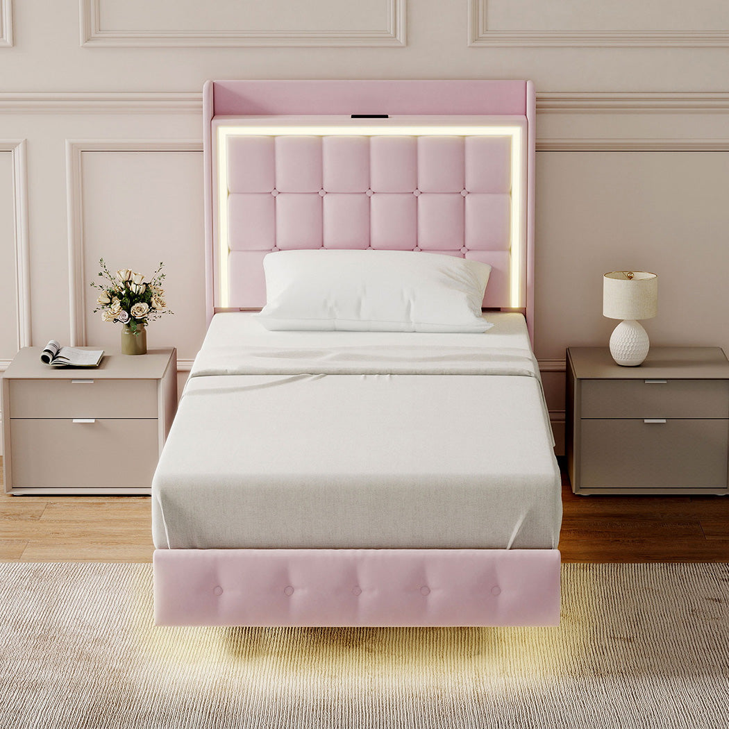 Floating Bed Frame LED Headboard Pink 204x92x112.5cm