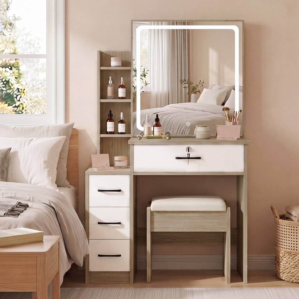 LED Vanity Dressing Table Stool Set Natural | Simpledeals