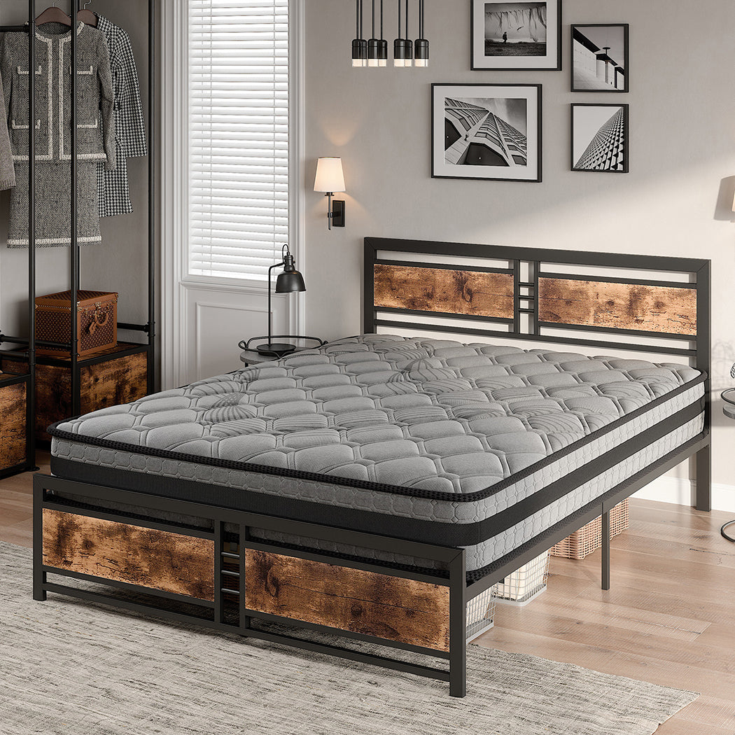 Metal Bed Frame With Wooden Slats Queen Mattress Base Set