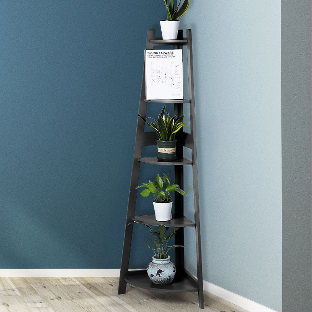 Contemporary 5 Tier Corner Shelf Wooden Storage Black  Durable Frame