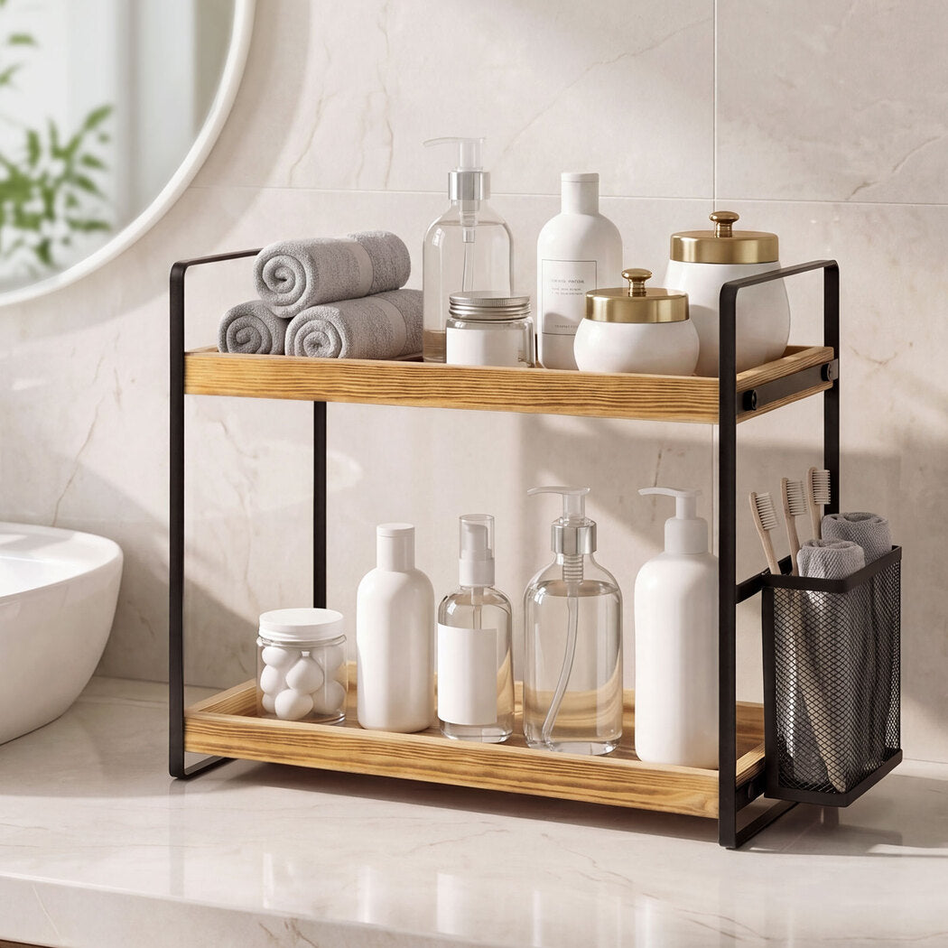2-Tier Countertop Organiser Pine Wood Shelf | Simpledeals