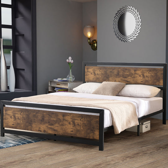 Rustic Wooden Industrial Metal Bed Frame for Double/Queen